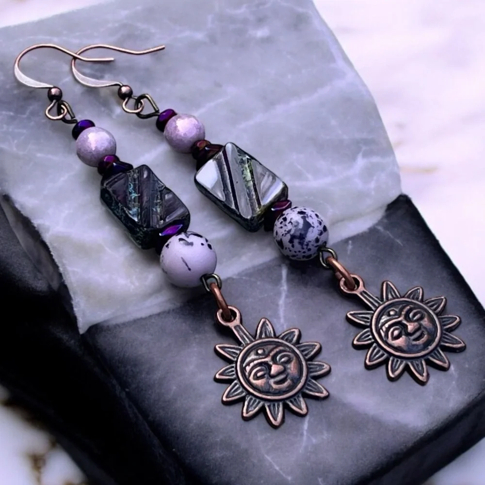 Handcrafted Sun Charm Dangle Earrings in Purple and Copper - Picture 10 of 13